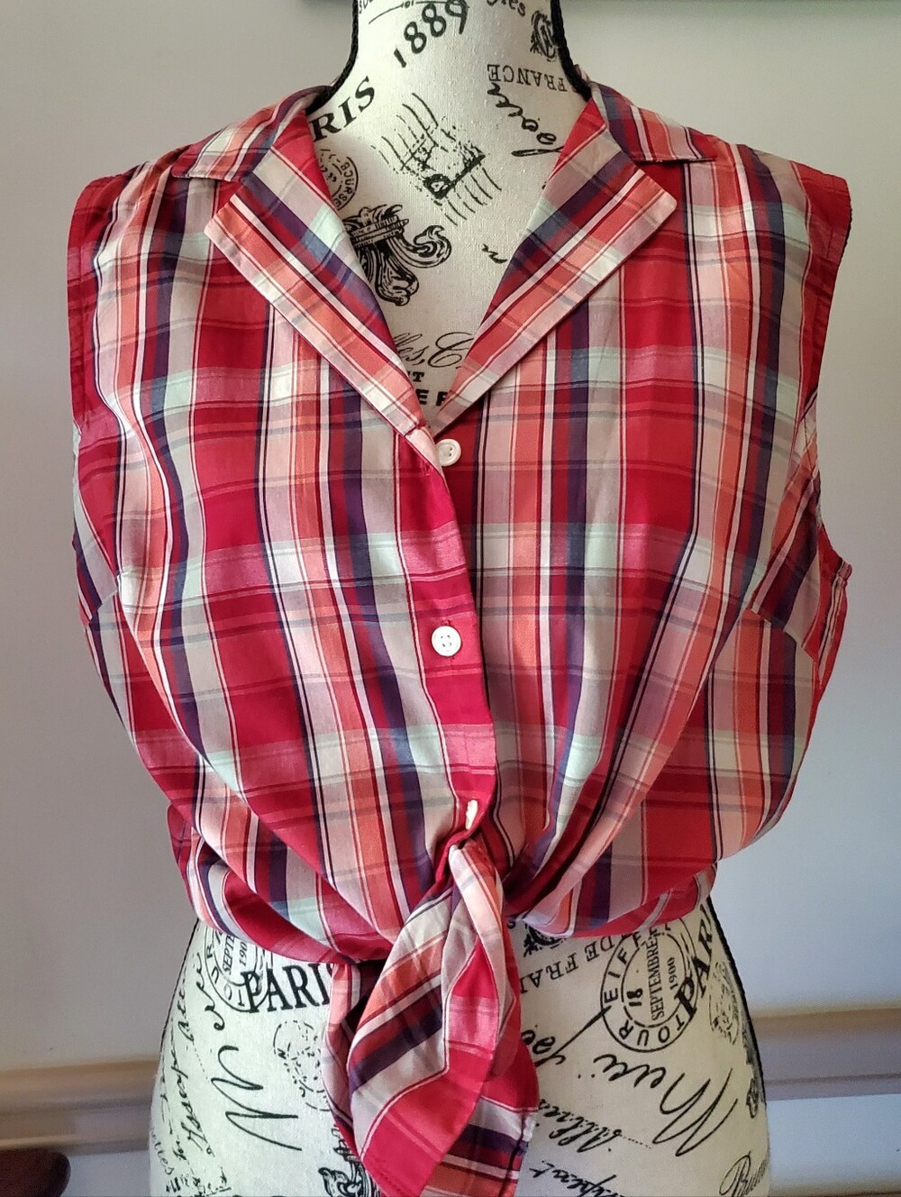 Vintage Talbots Red Plaid Sleeveless Button Down Shirt 90s Classic